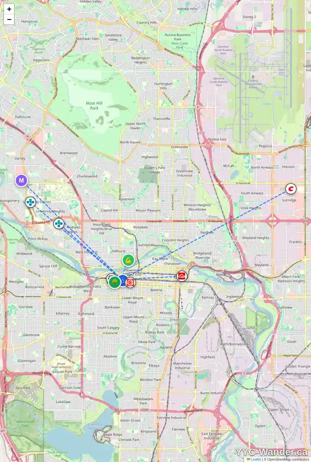 Daily accessibility map for 1400 10 AV SW, Calgary showing nearby schools, grocery stores, parks, LRT stations and nearby amenities