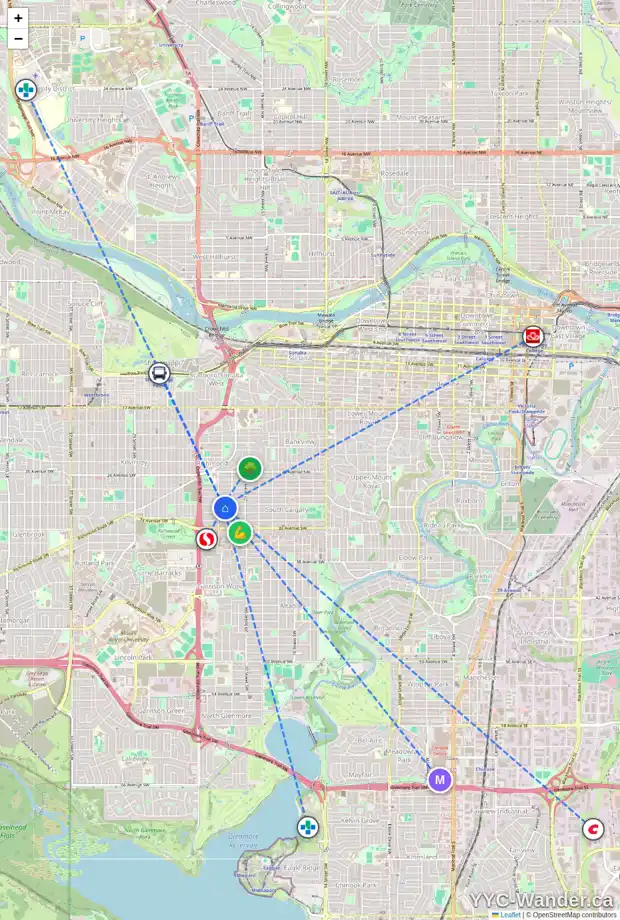 Daily accessibility map for 2227 30 AV SW, Calgary showing nearby schools, grocery stores, parks, LRT stations and nearby amenities