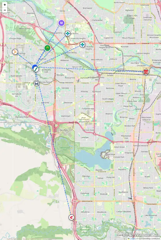 Daily accessibility map for 5 STRATHRIDGE CR SW, Calgary showing nearby schools, grocery stores, parks, LRT stations and nearby amenities