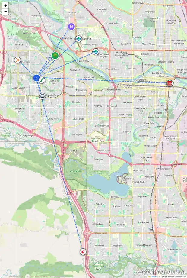 Daily accessibility map for 32 STRATHRIDGE GD SW, Calgary showing nearby schools, grocery stores, parks, LRT stations and nearby amenities