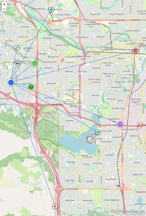 Daily accessibility map for 55 ELMONT DR SW, Calgary showing nearby schools, grocery stores, parks, LRT stations and nearby amenities
