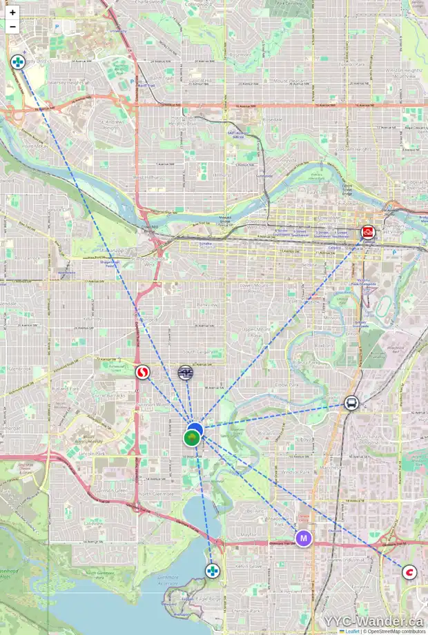 Daily accessibility map for 4604 17 ST SW, Calgary showing nearby schools, grocery stores, parks, LRT stations and nearby amenities
