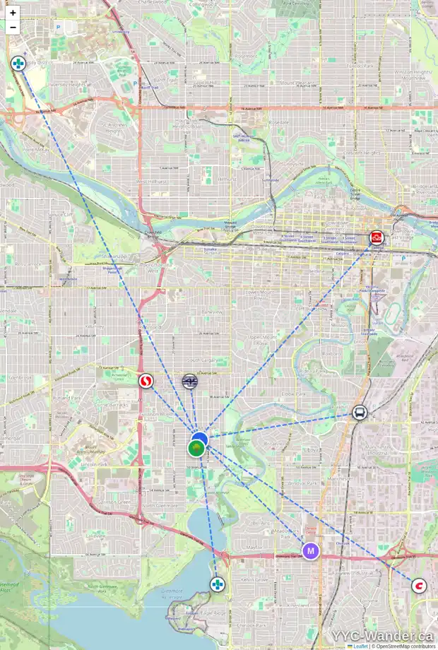 Daily accessibility map for 4602 17 ST SW, Calgary showing nearby schools, grocery stores, parks, LRT stations and nearby amenities