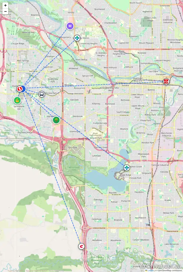 Daily accessibility map for 230 ASPEN SUMMIT PL SW, Calgary showing nearby schools, grocery stores, parks, LRT stations and nearby amenities