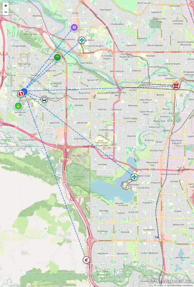 Daily accessibility map for 317 ASPEN SUMMIT HT SW, Calgary showing nearby schools, grocery stores, parks, LRT stations and nearby amenities