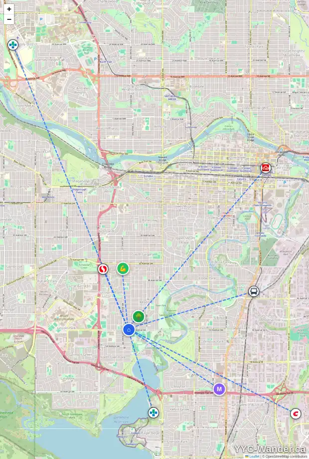 Daily accessibility map for 2018 50 AV SW, Calgary showing nearby schools, grocery stores, parks, LRT stations and nearby amenities
