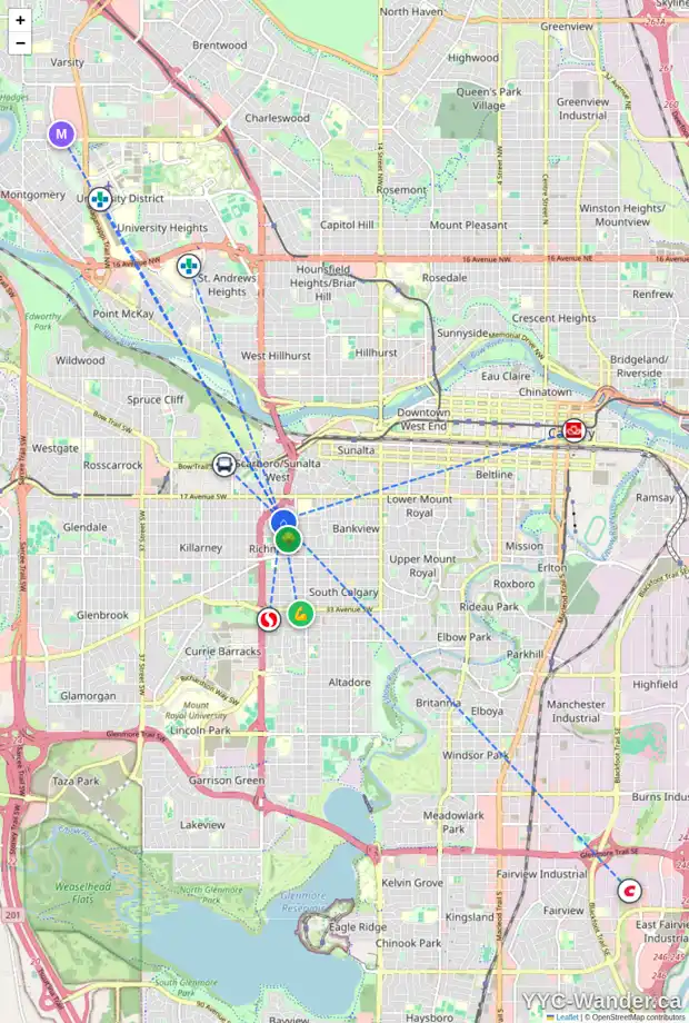 Daily accessibility map for 2304 21 AV SW, Calgary showing nearby schools, grocery stores, parks, LRT stations and nearby amenities