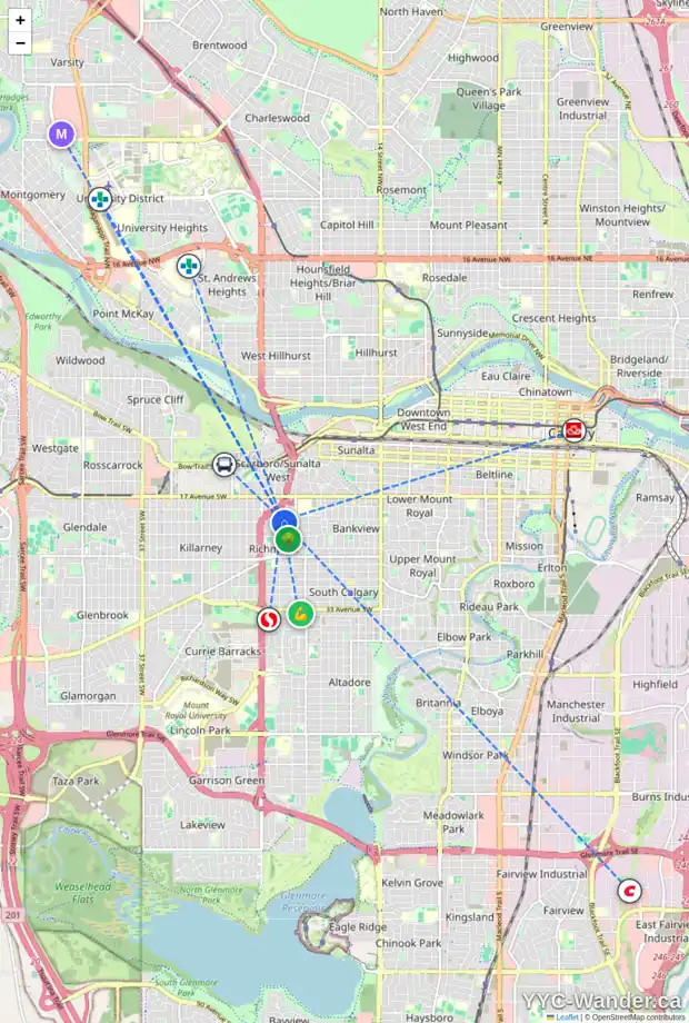 Daily accessibility map for 2302 21 AV SW, Calgary showing nearby schools, grocery stores, parks, LRT stations and nearby amenities