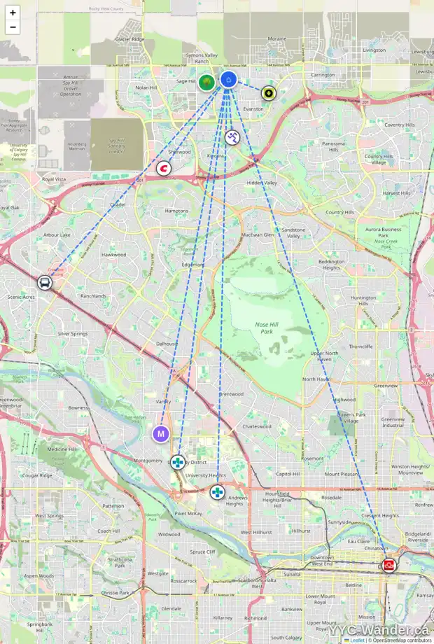 Daily accessibility map for 191 SAGE MEADOWS VW NW, Calgary showing nearby schools, grocery stores, parks, LRT stations and nearby amenities