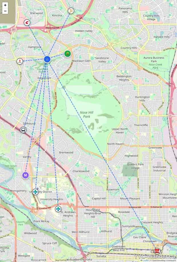 Daily accessibility map for 137 EDGERIDGE PA NW, Calgary showing nearby schools, grocery stores, parks, LRT stations and nearby amenities