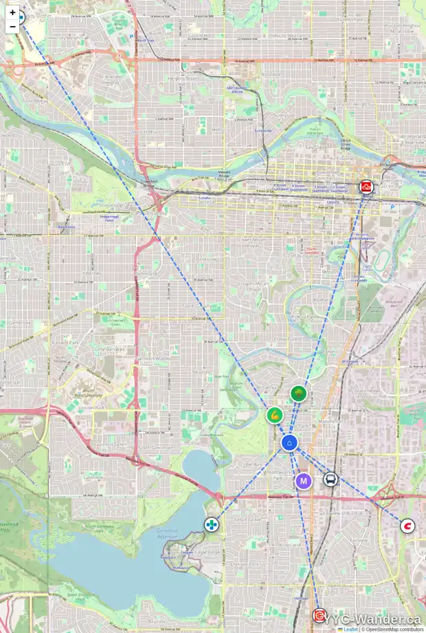 Daily accessibility map for 203 628 56 AV SW, Calgary showing nearby schools, grocery stores, parks, LRT stations and nearby amenities