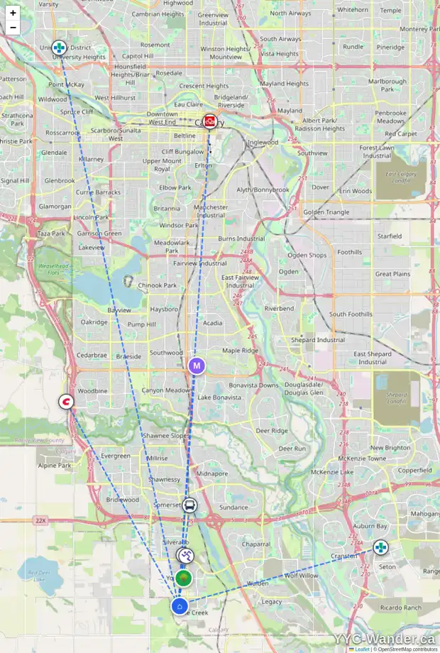 Daily accessibility map for 70 CREEKSIDE GV SW, Calgary showing nearby schools, grocery stores, parks, LRT stations and nearby amenities