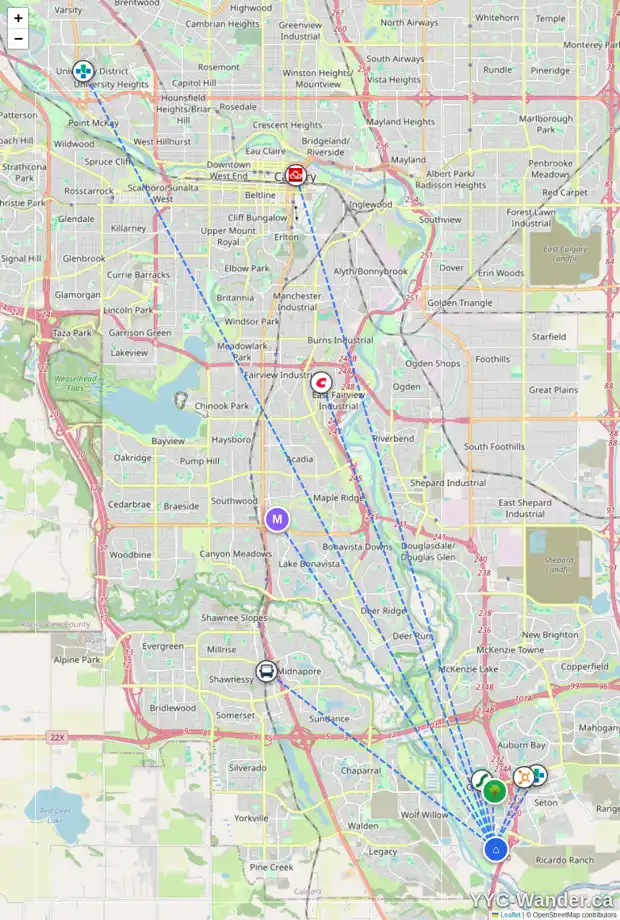 Daily accessibility map for 143 42 CRANBROOK GD SE, Calgary showing nearby schools, grocery stores, parks, LRT stations and nearby amenities