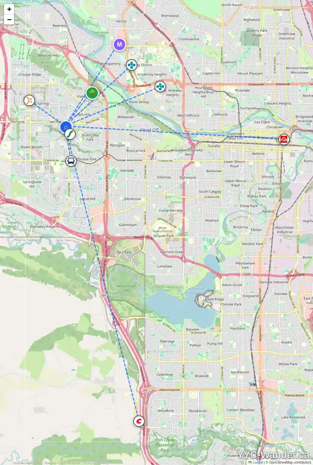 Daily accessibility map for 162 STRATHRIDGE CL SW, Calgary showing nearby schools, grocery stores, parks, LRT stations and nearby amenities