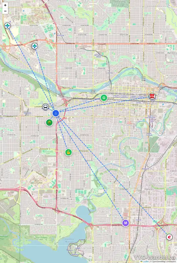 Daily accessibility map for 1708 24A ST SW, Calgary showing nearby schools, grocery stores, parks, LRT stations and nearby amenities