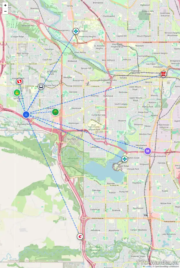Daily accessibility map for 3799 SPRINGBANK DR SW, Calgary showing nearby schools, grocery stores, parks, LRT stations and nearby amenities