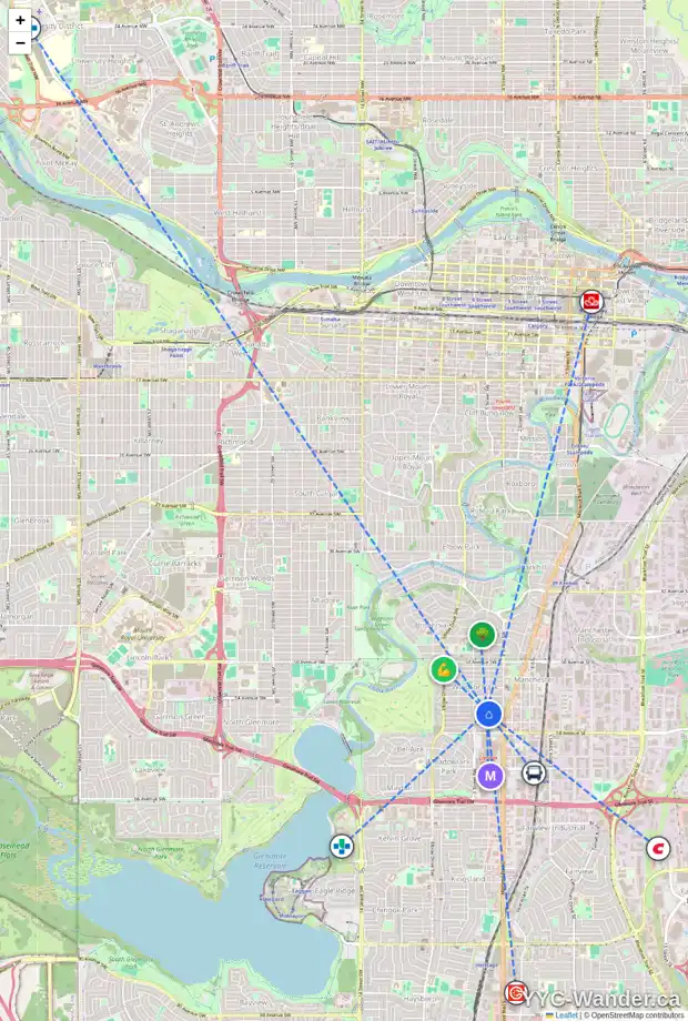 Daily accessibility map for 5631 4A ST SW, Calgary showing nearby schools, grocery stores, parks, LRT stations and nearby amenities