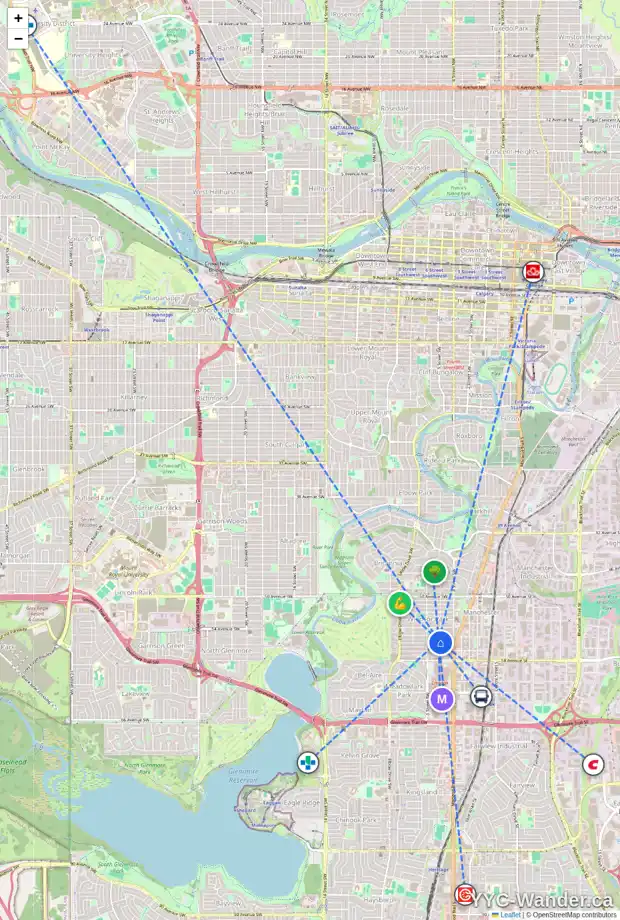 Daily accessibility map for 5629 4A ST SW, Calgary showing nearby schools, grocery stores, parks, LRT stations and nearby amenities