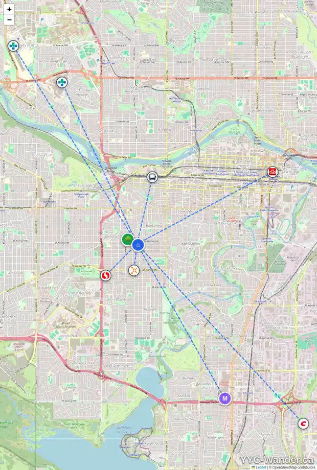 Daily accessibility map for 1916 27 AV SW, Calgary showing nearby schools, grocery stores, parks, LRT stations and nearby amenities