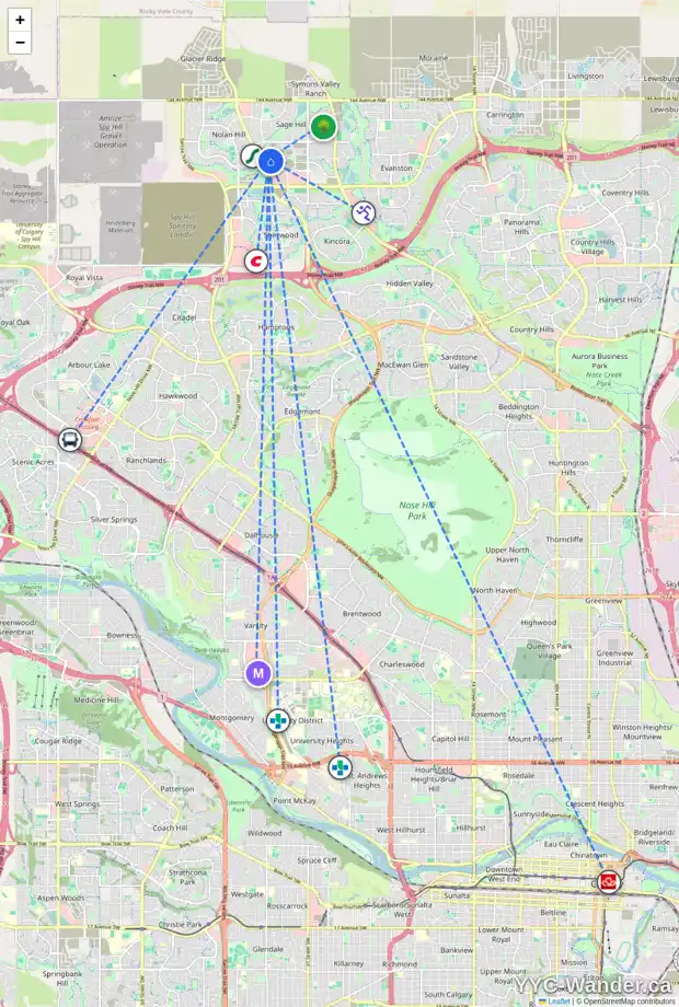 Daily accessibility map for 107 SAGE HILL HT NW, Calgary showing nearby schools, grocery stores, parks, LRT stations and nearby amenities