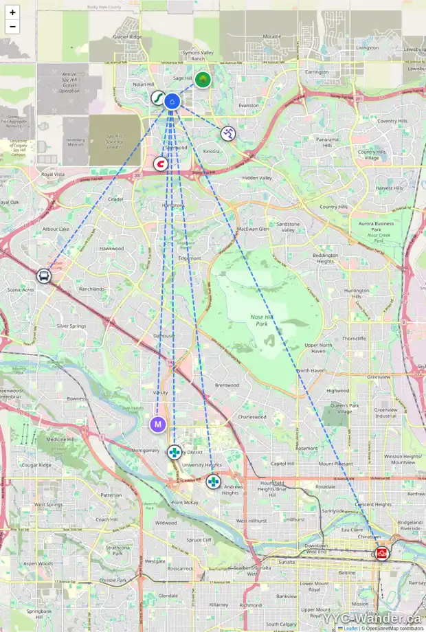 Daily accessibility map for 79 SAGE HILL LN NW, Calgary showing nearby schools, grocery stores, parks, LRT stations and nearby amenities