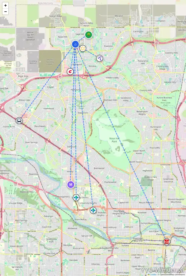 Daily accessibility map for 71 SAGE HILL LN NW, Calgary showing nearby schools, grocery stores, parks, LRT stations and nearby amenities