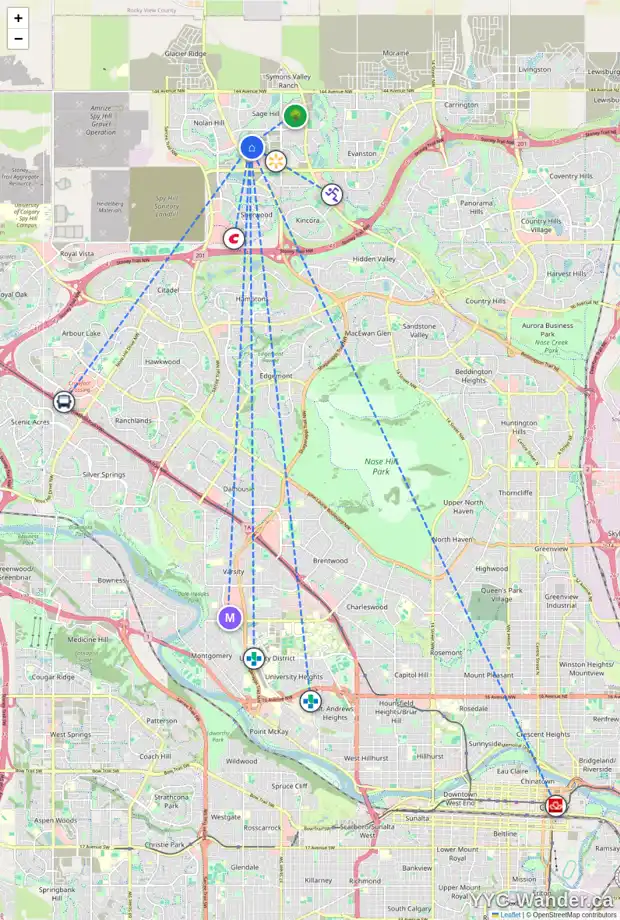 Daily accessibility map for 67 SAGE HILL LN NW, Calgary showing nearby schools, grocery stores, parks, LRT stations and nearby amenities