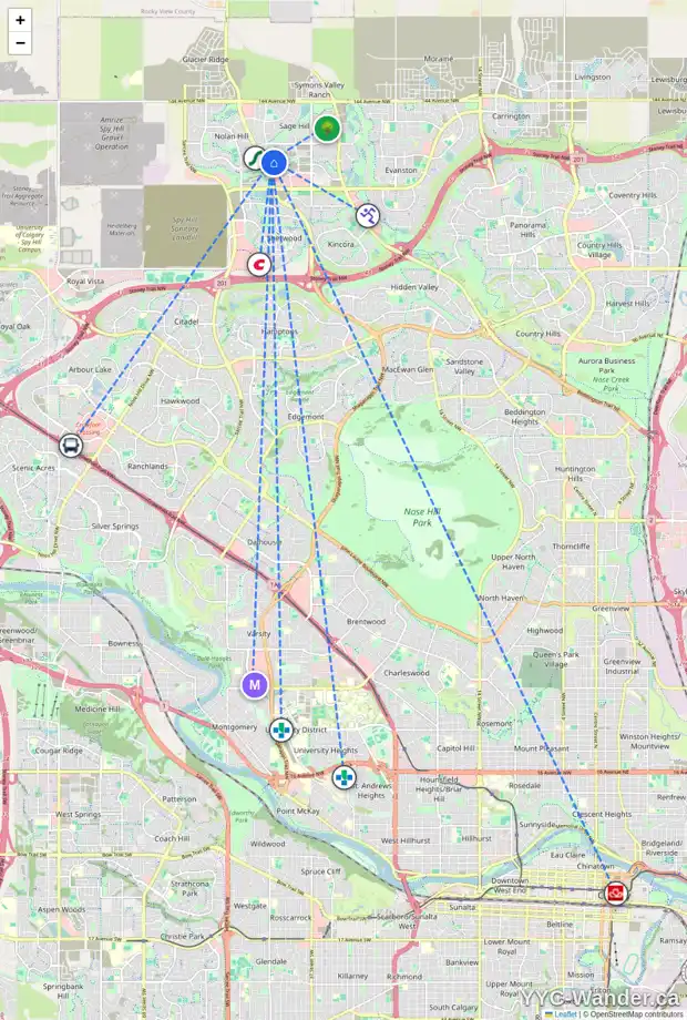 Daily accessibility map for 115 SAGE HILL HT NW, Calgary showing nearby schools, grocery stores, parks, LRT stations and nearby amenities