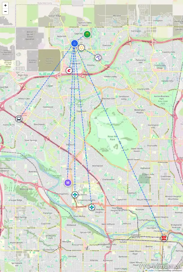Daily accessibility map for 55 SAGE HILL LN NW, Calgary showing nearby schools, grocery stores, parks, LRT stations and nearby amenities
