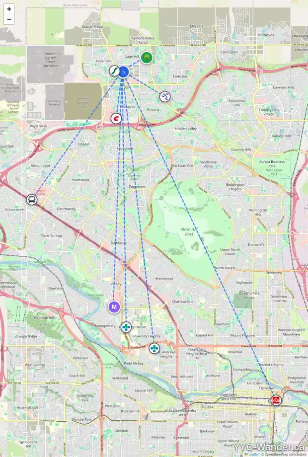 Daily accessibility map for 131 SAGE HILL HT NW, Calgary showing nearby schools, grocery stores, parks, LRT stations and nearby amenities
