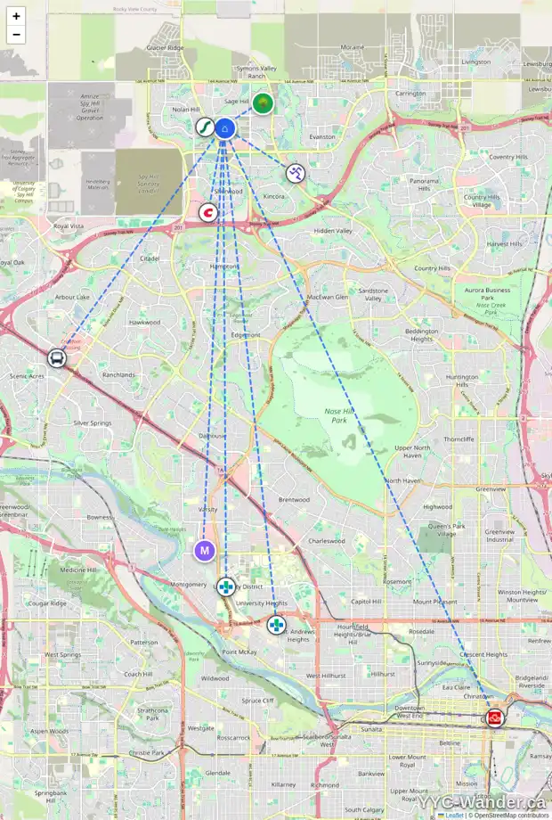 Daily accessibility map for 38 SAGE HILL LN NW, Calgary showing nearby schools, grocery stores, parks, LRT stations and nearby amenities