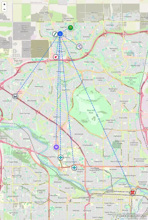 Daily accessibility map for 164 SAGE HILL HT NW, Calgary showing nearby schools, grocery stores, parks, LRT stations and nearby amenities