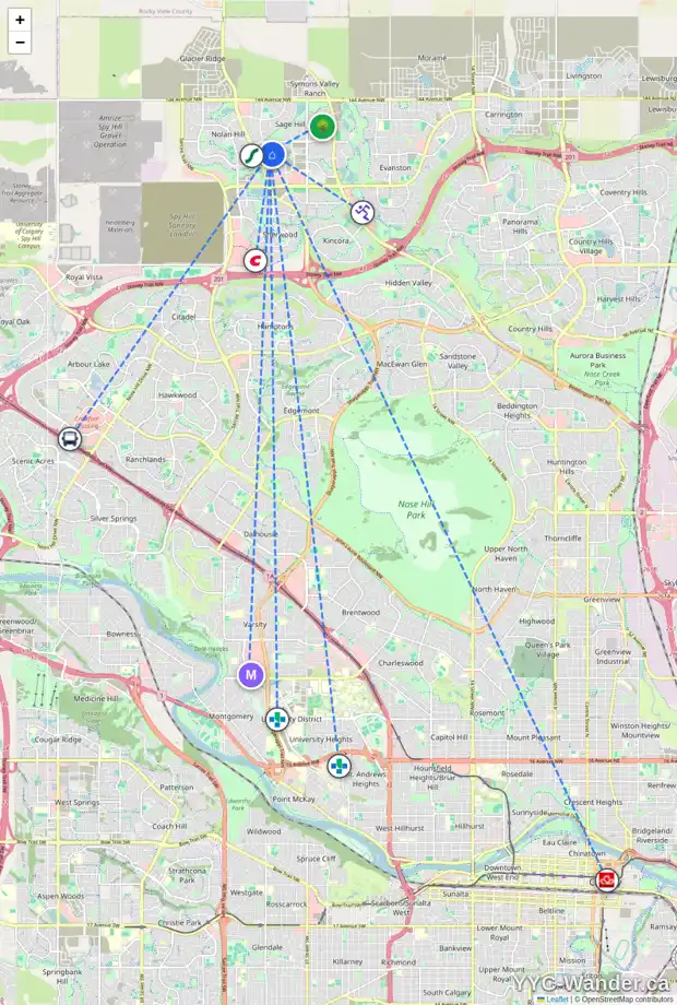 Daily accessibility map for 163 SAGE HILL HT NW, Calgary showing nearby schools, grocery stores, parks, LRT stations and nearby amenities
