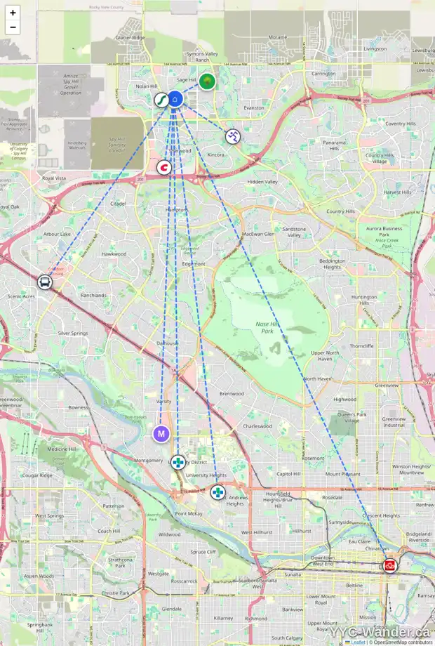 Daily accessibility map for 167 SAGE HILL HT NW, Calgary showing nearby schools, grocery stores, parks, LRT stations and nearby amenities
