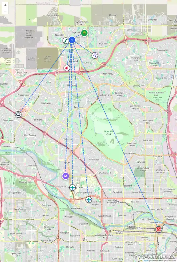 Daily accessibility map for 176 SAGE HILL HT NW, Calgary showing nearby schools, grocery stores, parks, LRT stations and nearby amenities