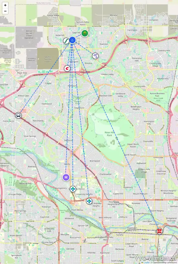 Daily accessibility map for 180 SAGE HILL HT NW, Calgary showing nearby schools, grocery stores, parks, LRT stations and nearby amenities