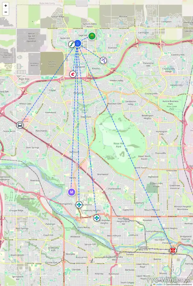 Daily accessibility map for 179 SAGE HILL HT NW, Calgary showing nearby schools, grocery stores, parks, LRT stations and nearby amenities