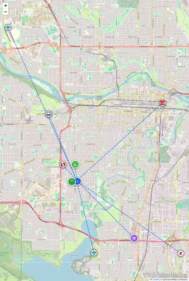 Daily accessibility map for 2033 41 AV SW, Calgary showing nearby schools, grocery stores, parks, LRT stations and nearby amenities