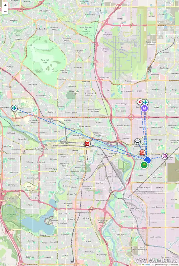 Daily accessibility map for 2239 36 ST SE, Calgary showing nearby schools, grocery stores, parks, LRT stations and nearby amenities