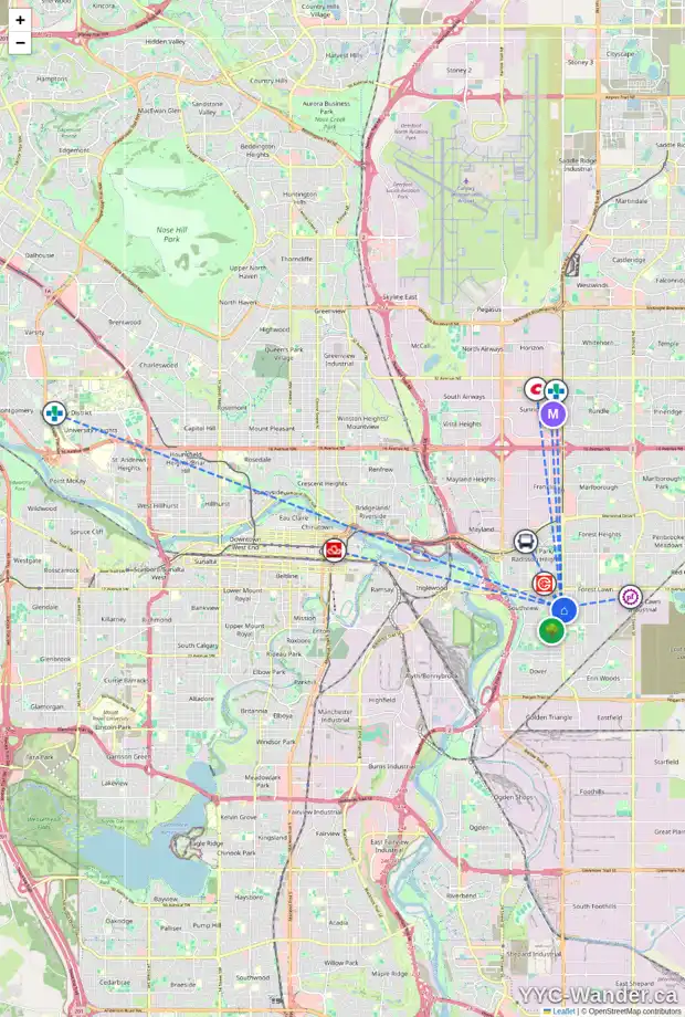 Daily accessibility map for 2223 36 ST SE, Calgary showing nearby schools, grocery stores, parks, LRT stations and nearby amenities