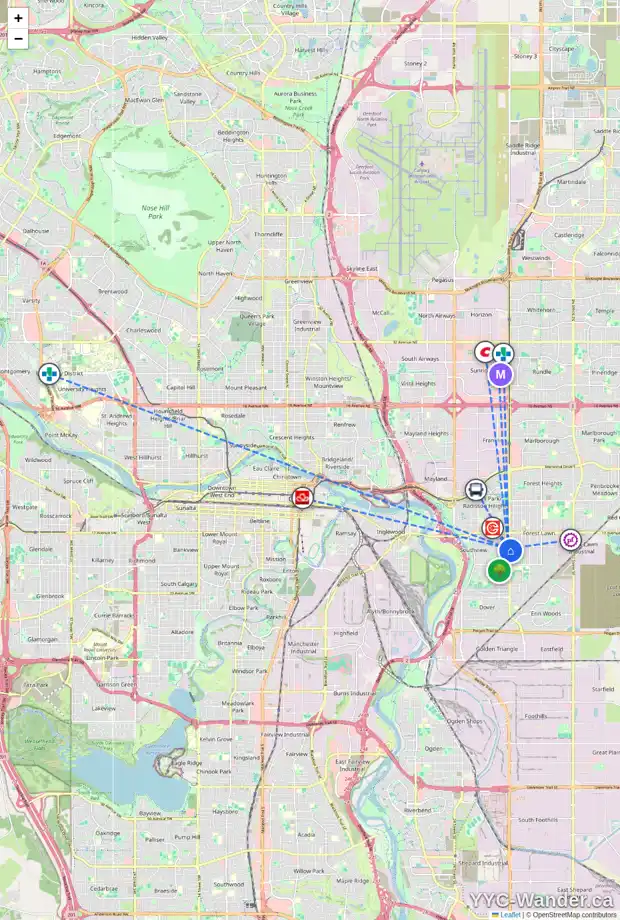 Daily accessibility map for 2211 36 ST SE, Calgary showing nearby schools, grocery stores, parks, LRT stations and nearby amenities