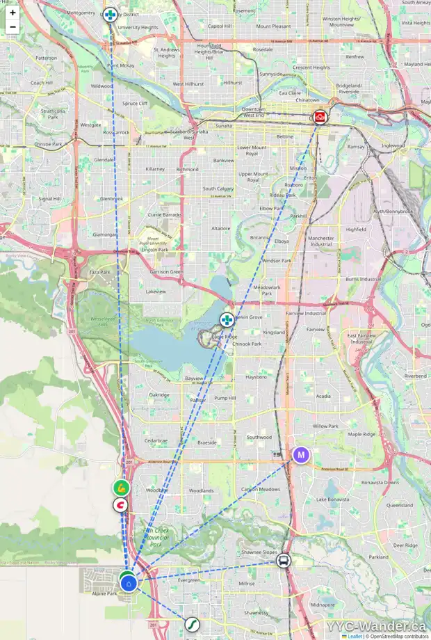 Daily accessibility map for 101 TREELINE MR SW, Calgary showing nearby schools, grocery stores, parks, LRT stations and nearby amenities