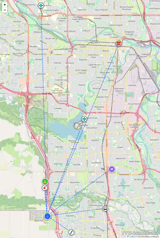 Daily accessibility map for 23 ALPINE DR SW, Calgary showing nearby schools, grocery stores, parks, LRT stations and nearby amenities