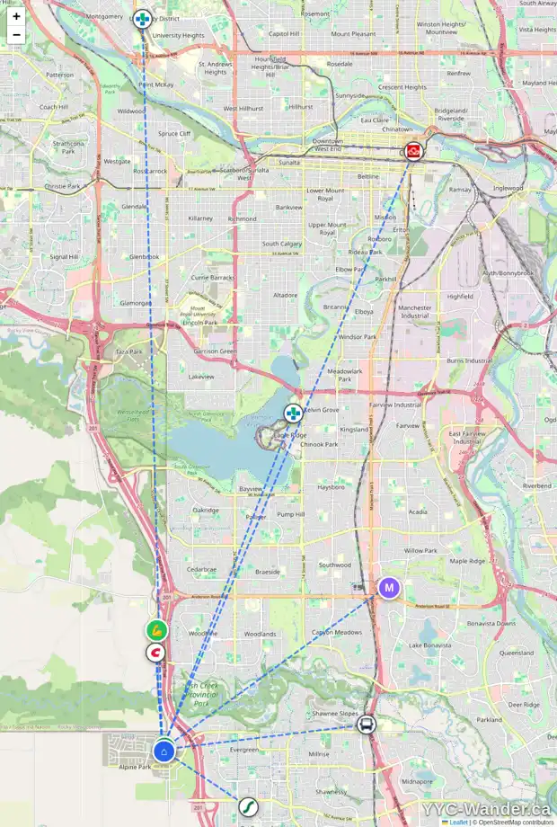 Daily accessibility map for 35 ALPINE DR SW, Calgary showing nearby schools, grocery stores, parks, LRT stations and nearby amenities