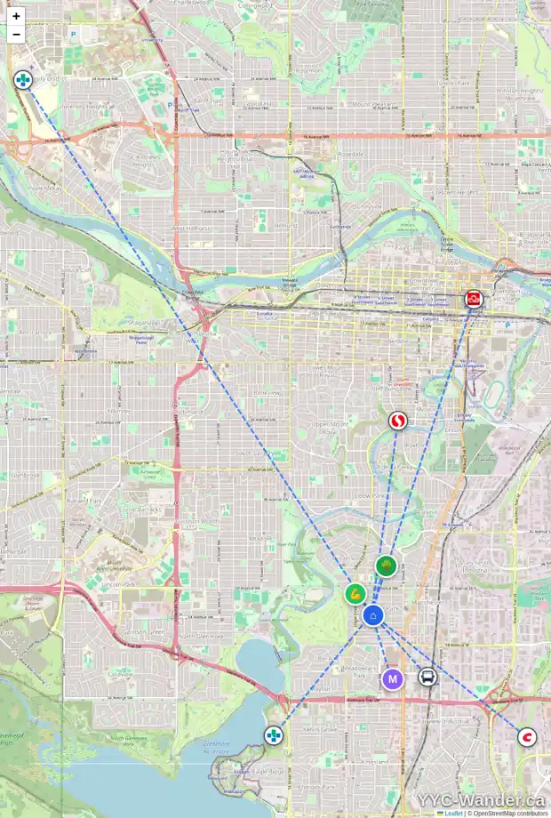 Daily accessibility map for 628 54 AV SW, Calgary showing nearby schools, grocery stores, parks, LRT stations and nearby amenities