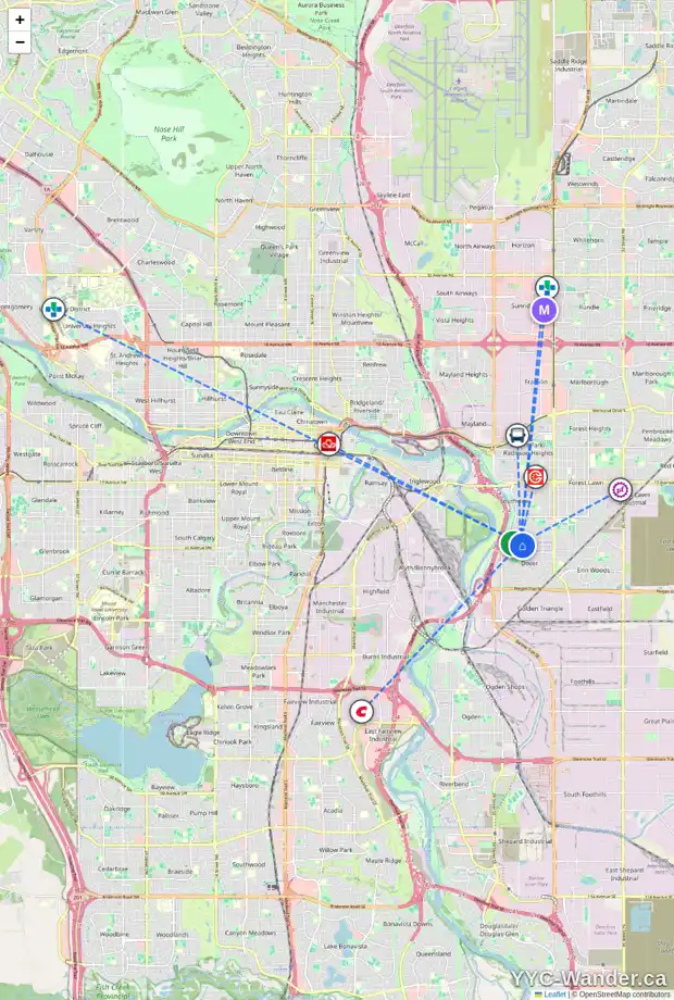 Daily accessibility map for 104 DOVISTA CO SE, Calgary showing nearby schools, grocery stores, parks, LRT stations and nearby amenities