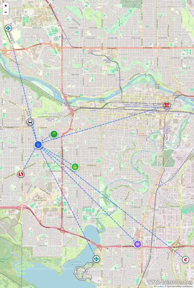 Daily accessibility map for 2438 31 ST SW, Calgary showing nearby schools, grocery stores, parks, LRT stations and nearby amenities