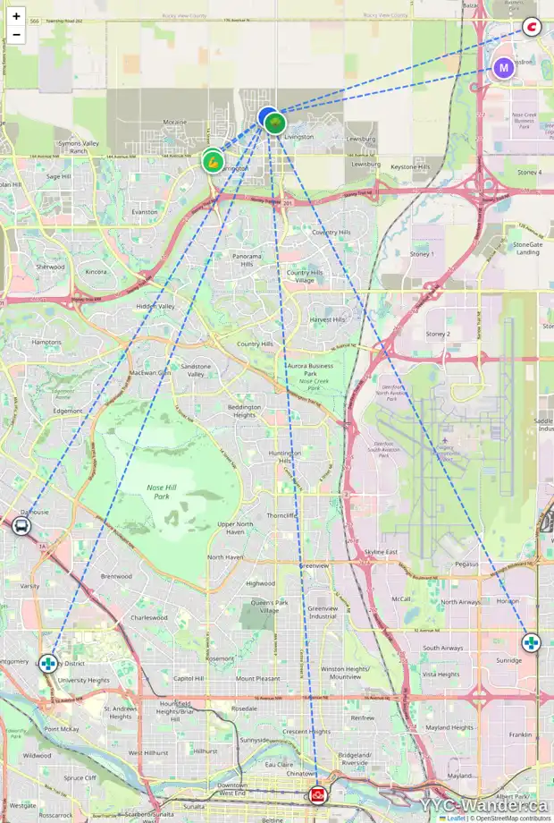 Daily accessibility map for 108 LUCAS CM NW, Calgary showing nearby schools, grocery stores, parks, LRT stations and nearby amenities