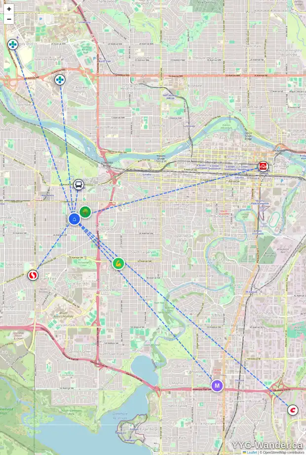 Daily accessibility map for 2219 27 ST SW, Calgary showing nearby schools, grocery stores, parks, LRT stations and nearby amenities