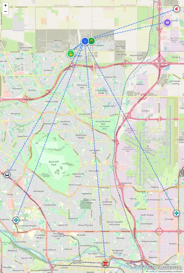 Daily accessibility map for 10 LUCAS CL NW, Calgary showing nearby schools, grocery stores, parks, LRT stations and nearby amenities